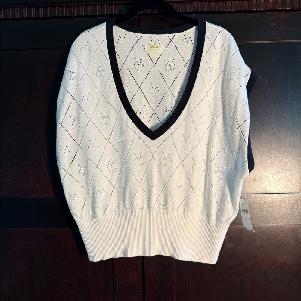 Anthropologie Maeve White V-Neck Sweater with Black Accents